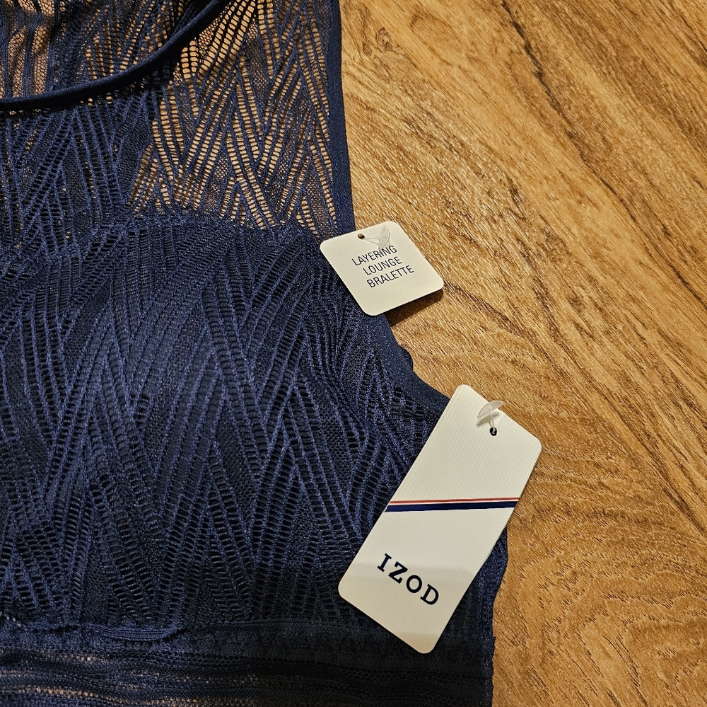 IZOD Navy Blue Geometric Lace Layering Lounge Bralette Racerback NWT Size L - Picture 5 of 5